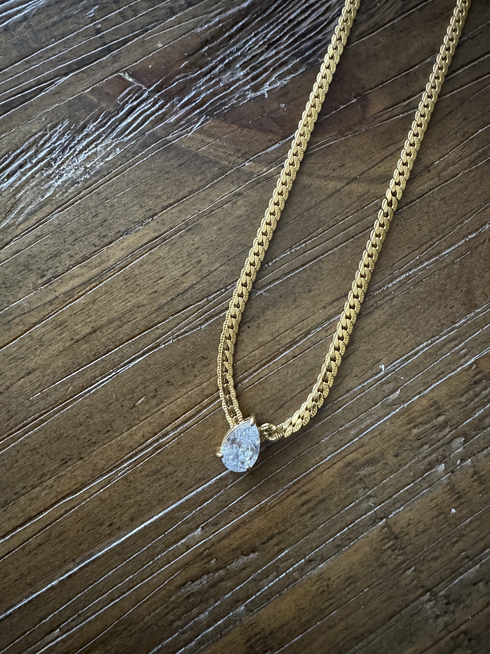 Gold Chain Necklace with Teardrop Crystal Pendant